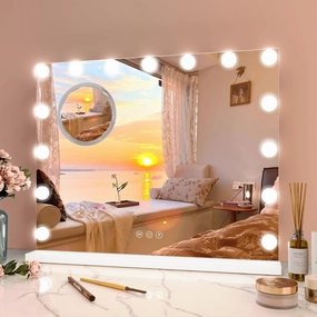 Vanity Mirror with Lights, 23" x 18" Makeup Mirror with Lights, Hollywood Lighted Vanity Mirrors with 15 Dimmable LED Bulbs, 3 Color Modes, Light up Mirror with Touch Control for Bedroom, Tabletop
