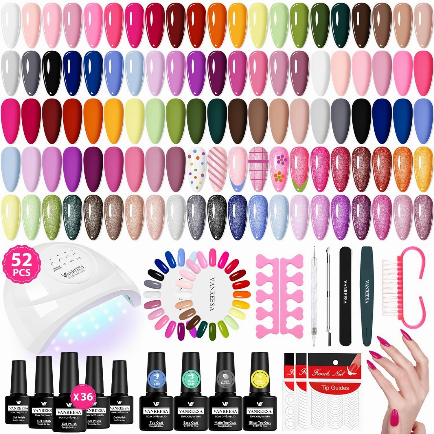 VANREESA Gel Nail Polish Kit with U V Light 52 Pcs Gel Polish Nail Set 36 Colors Nail Polish Set   Base and 3 Effects Top Coat with Manicure Tools Complete DIY Nail Kit Gifts for Women Girls