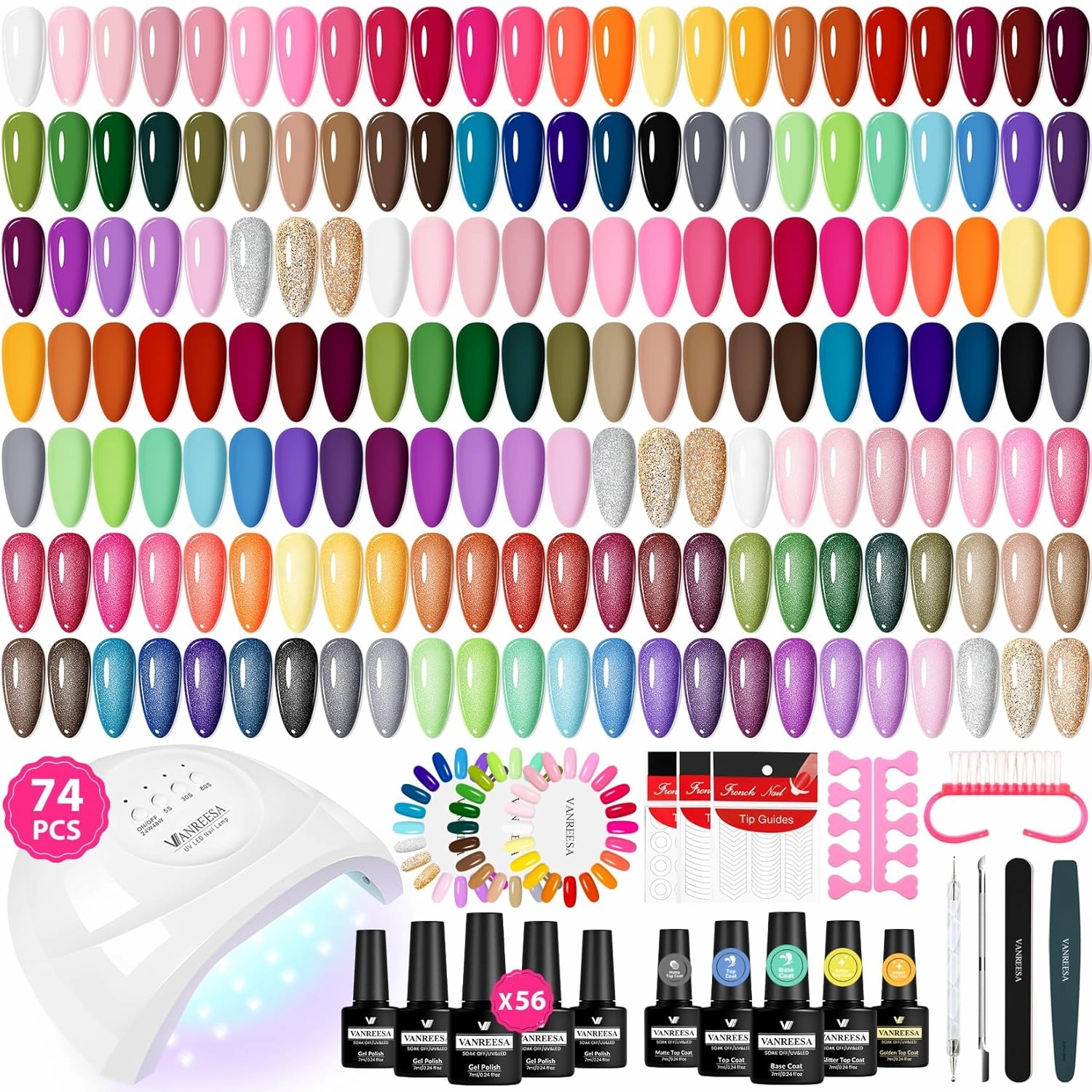 VANREESA Gel Nail Polish Kit with U V Light 74 Pcs Gel Polish Nail Set 56 All Season Colors Nail Polish Set   Base and 4 Effects Top Coat with Manicure Tools Complete Nail Kit Gifts for Women
