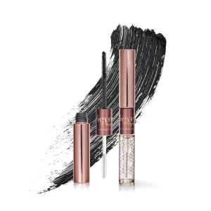 VEGAN Black Mascara with Vitamin E (0.36 oz) & Lash Serum with Aloe Vera, Biotin, Panthenol (0.23 oz) MADE IN USA - Cruelty Free - Lengthening, Volumizing & Curling Mascara, by 4ever Magic Cosmetics