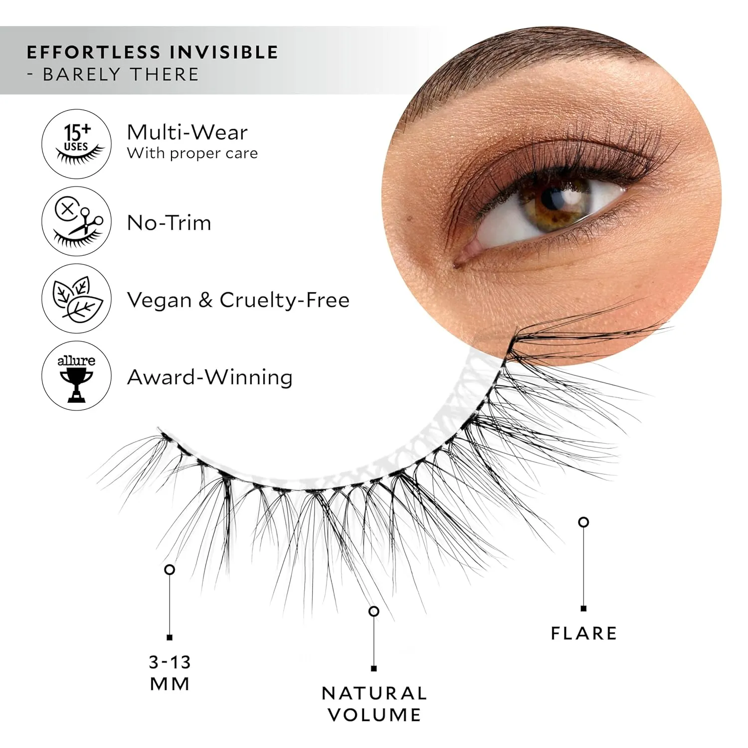 Velour Effortless Invisible Lashes, Lash Extension Look, Natural Looking False Eyelashes, Reusable Fake Lashes, Fluffy & Lightweight No Trim Eyelashes, Vegan, Glue not included (Barely There)