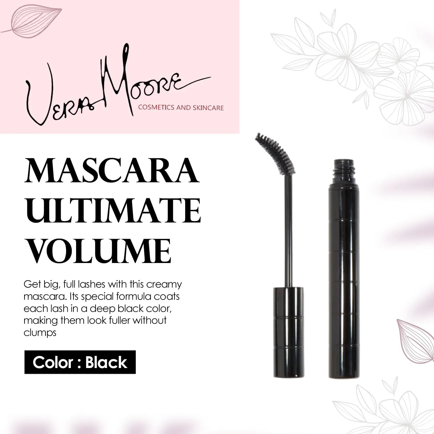 Vera Moore Mascara for Ultimate Volume & Long Lashes, Telescopic & Tubing Options, High-Definition Finish, Smudge-Proof, All-Day Wear, Easy Removal (Black, 0.28 oz)