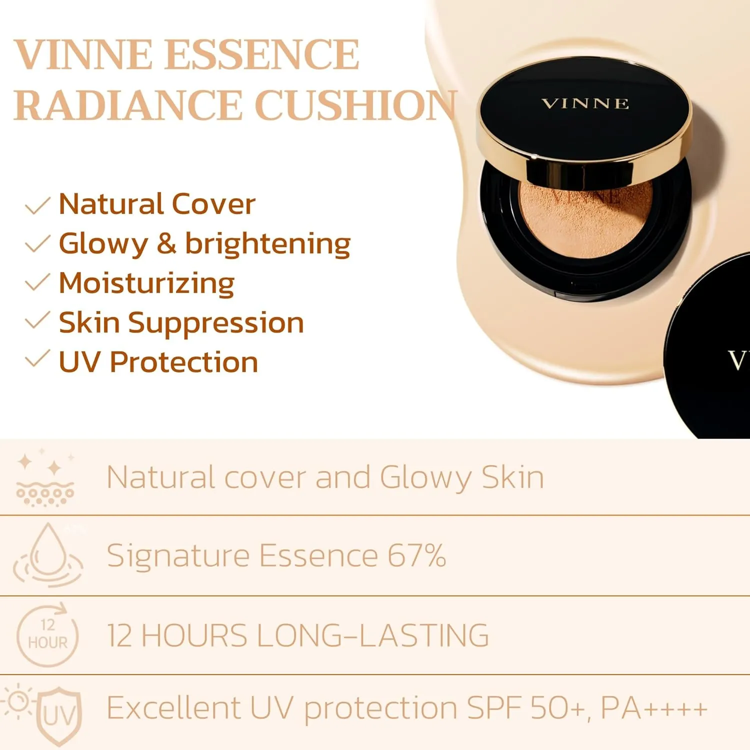 VINNE Korean Cushion Foundation, Lightweight, Essence Makeup Natural and Dewy Finish, 12-Hour Lasting Effect, 0.42 Oz- #21 Light Beige (Refill Not Included)