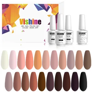 Vishine 24Pcs Gel Nail Polish Kit 8ml, Bare Collection Soak Off Nail Gel Set Nude Glitter Pastel Pink Peach Brown Natural Skin Tone Gel Nail Kit with Glossy & Matte Top Base Coat
