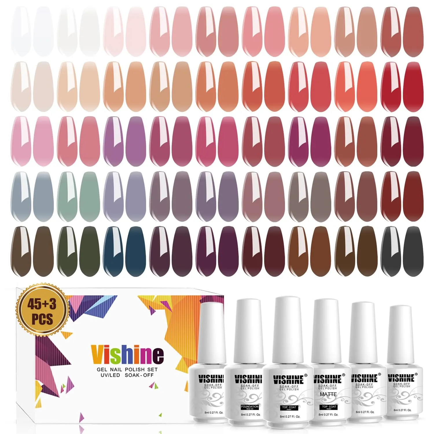Vishine 48 PCS Gel Polish Set, 45 Colors Jelly Gel Nail Polish Set, Brown Jelly Gel Polish Set, Translucent Gel Nail Polish,Sheer Crystal Jelly Clear Gel Nail Polish Manicure Gift