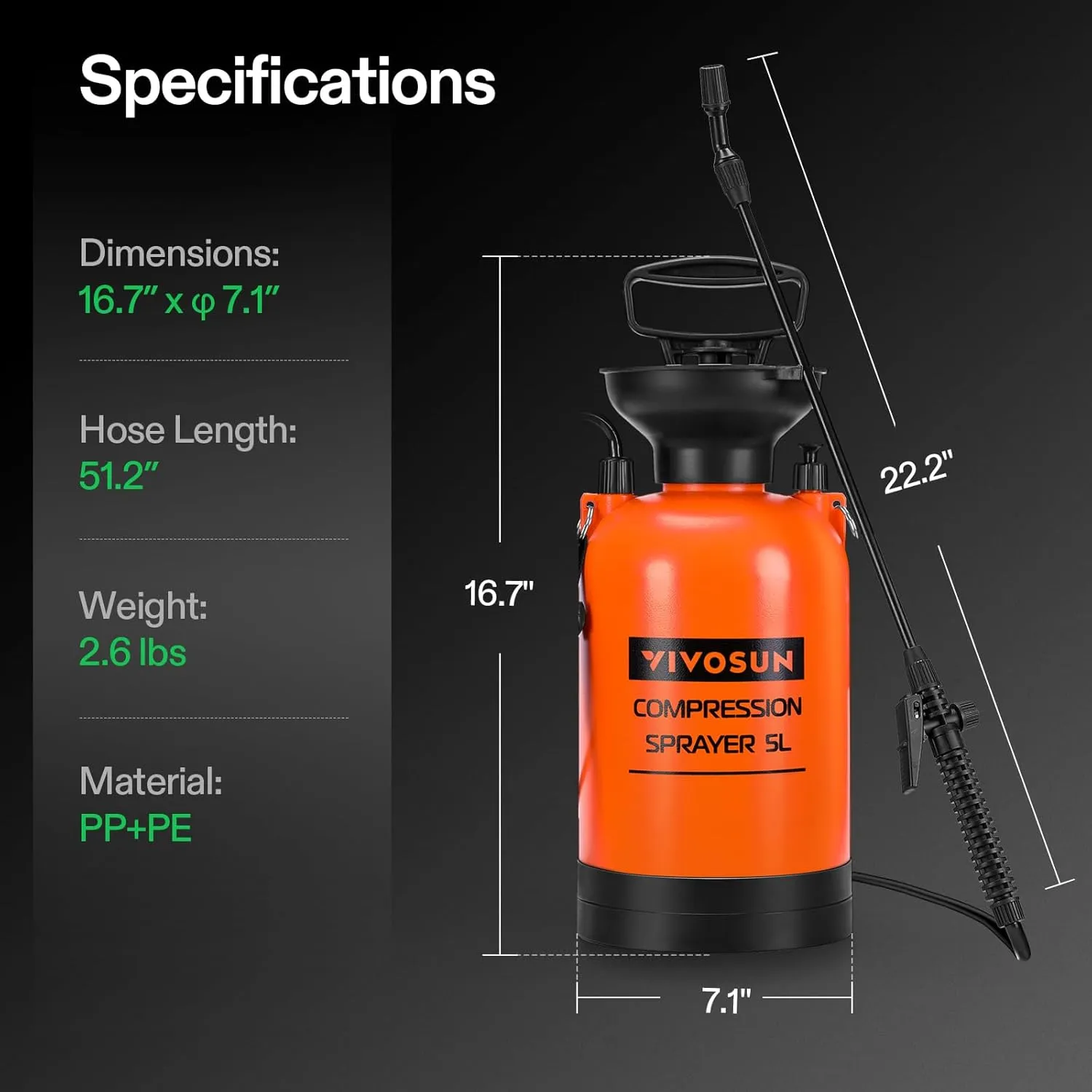 VIVOSUN 1.35-Gallon Pump Pressure Sprayer, Pressurized Lawn & Garden Water Spray Bottle with Adjustable Shoulder Strap, for Spraying Plants, Garden Watering and Household Cleaning