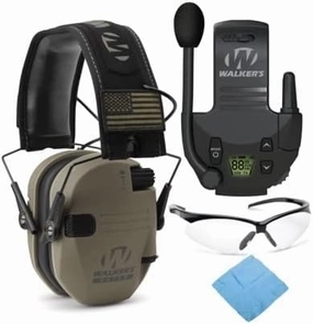 Walker's Razor Slim Electronic Shooting Muff (FDE Patriot Version) Bundle with Walkie Talkie, Shooting Glasses, and Cleaning Cloth (4 Items)