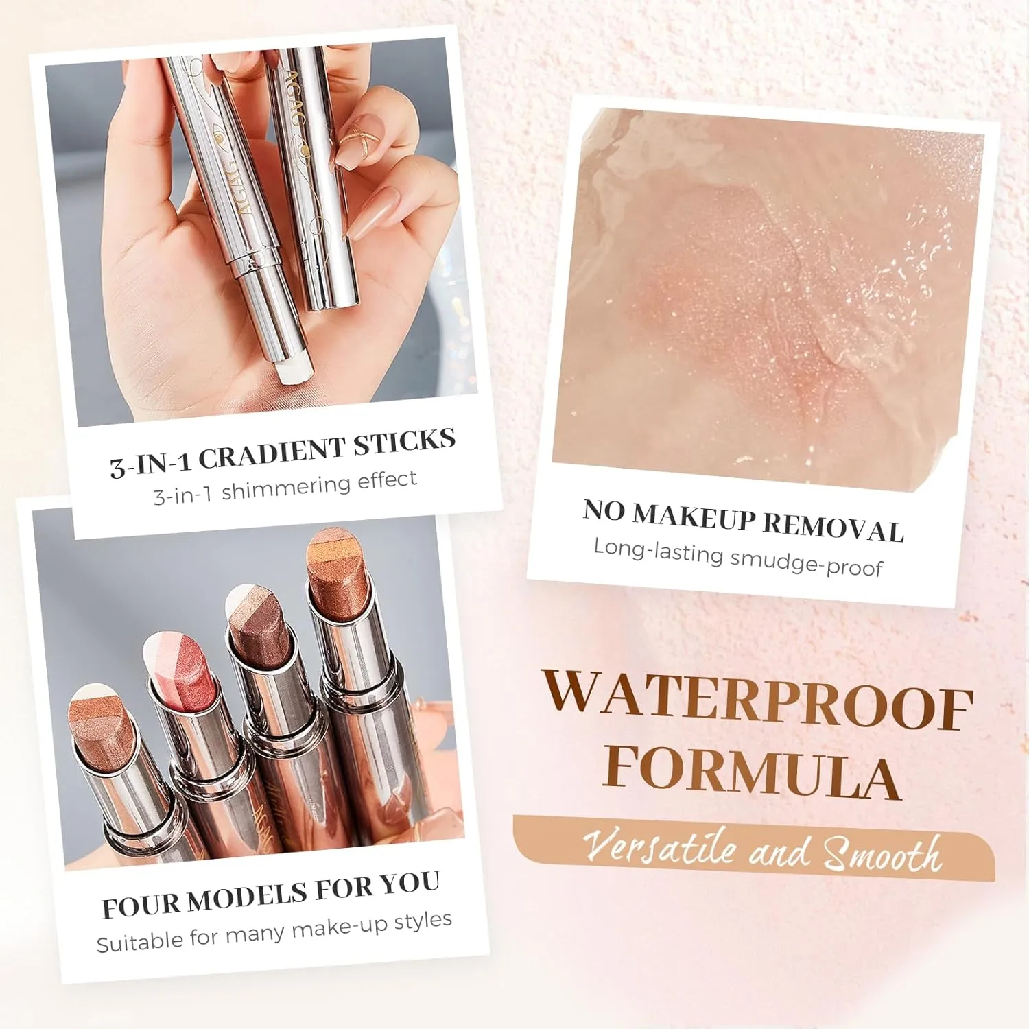 Waterproof Gradient Shimmer Eye-Shadow Stick, 2025 Upgrade 3-in-1 Cream Eyeshadow Sticks, Long-Lasting Glitter Eye-Shadow Stick Eye Brightener Pencil for Women Girls Layered Eye Makeup (#02 Pink)