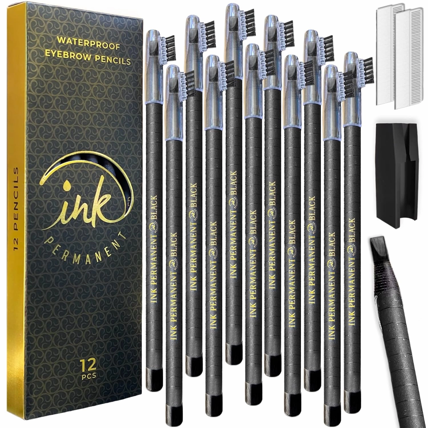 Waterproof Eyebrow Mapping Pencils for Permanent Makeup, Microblading, and Blades Henna Applications 12 Piece Brow Mapping Peel Off Pencil Set with Shaper/Sharpener (Black)