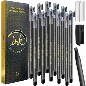 Waterproof Eyebrow Mapping Pencils for Permanent Makeup, Microblading, and Blades Henna Applications 12 Piece Brow Mapping Peel Off Pencil Set with Shaper/Sharpener (Black)