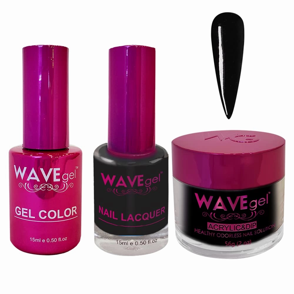 WAVEGEL Soak-Off Gel, Nail Lacquer & Acrylic/Dip Powder Matching Set - Princess Collection - #001 Super Black