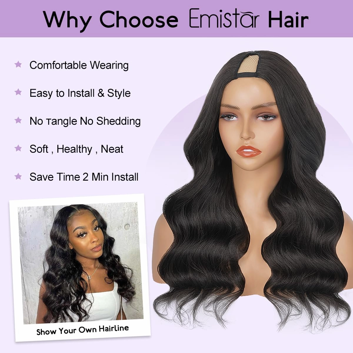Wavy V Part Wig Wear And Go Glueless U Part Wig Body Wave Natural Black Synthtic Hair Soft As Human Hair Half Wigs For Black Women 180% Density (Black, 18 Inch)