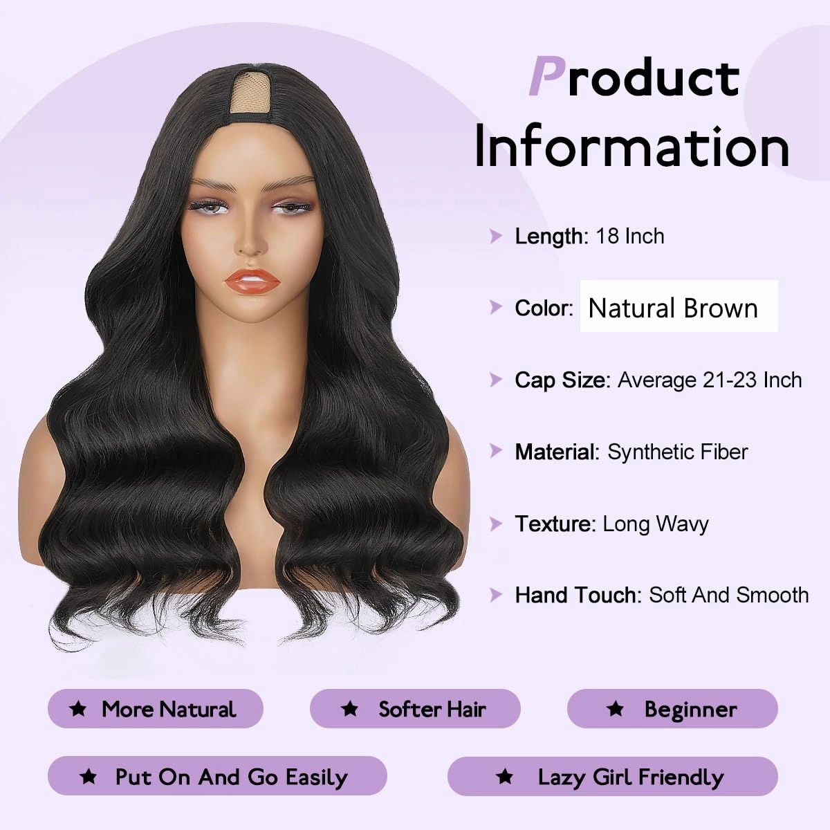 Wavy V Part Wig Wear And Go Glueless U Part Wig Body Wave Natural Black Synthtic Hair Soft As Human Hair Half Wigs For Black Women 180% Density (Black, 18 Inch)