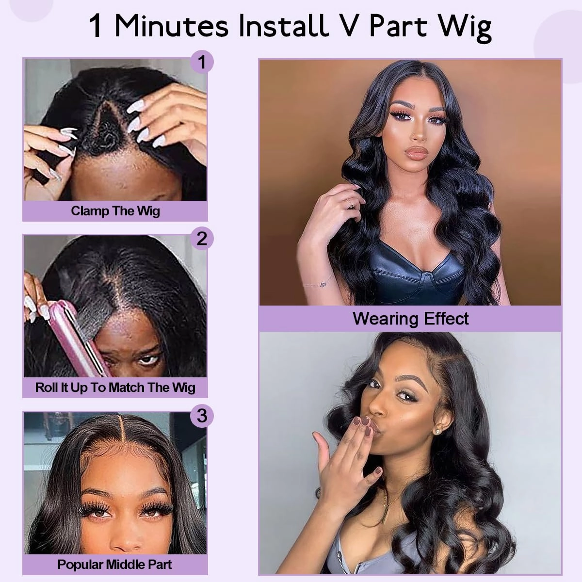 Wavy V Part Wig Wear And Go Glueless U Part Wig Body Wave Natural Black Synthtic Hair Soft As Human Hair Half Wigs For Black Women 180% Density (Black, 18 Inch)