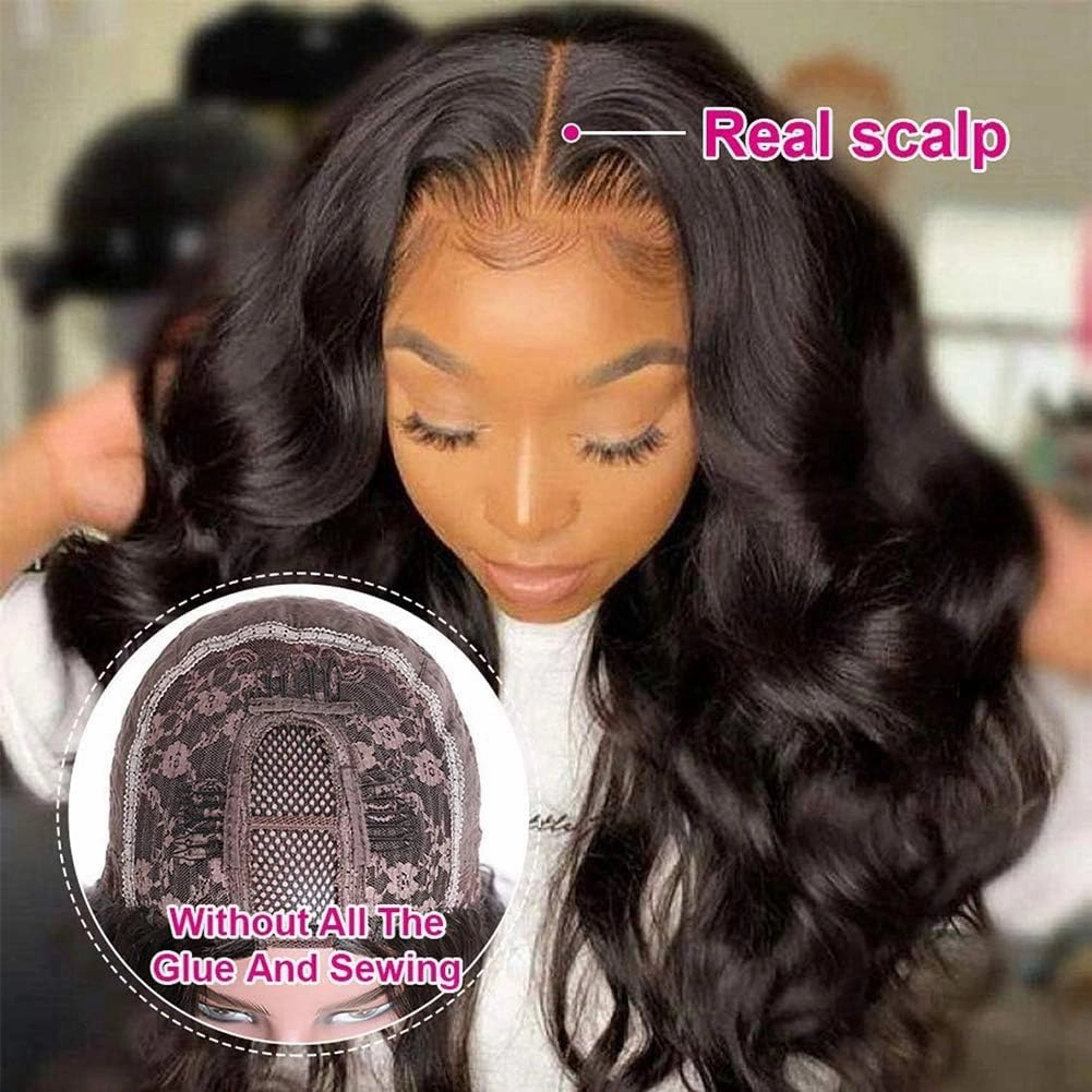 Wavy V Part Wig Wear And Go Glueless U Part Wig Body Wave Natural Black Synthtic Hair Soft As Human Hair Half Wigs For Black Women (Black, 22 Inch)