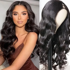Wavy V Part Wig Wear And Go Glueless U Part Wig Body Wave Natural Black Synthtic Hair Soft As Human Hair Half Wigs For Black Women (Black, 22 Inch)