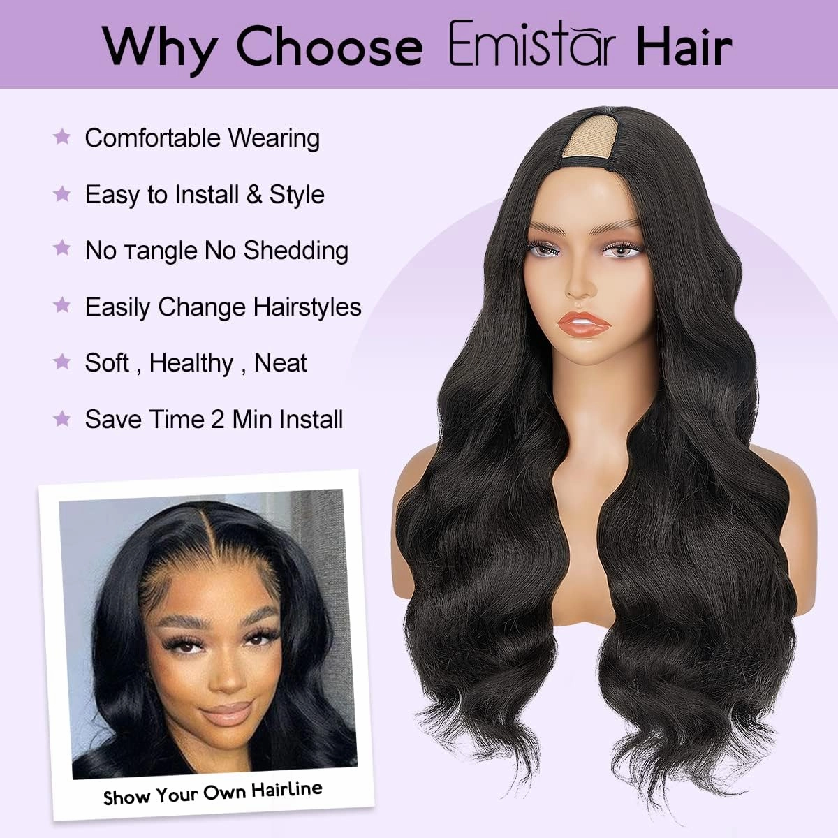 Wavy V Part Wig Wear And Go Glueless U Part Wig Body Wave Natural Black Synthtic Hair Soft As Human Hair Half Wigs For Black Women (Black, 22 Inch)