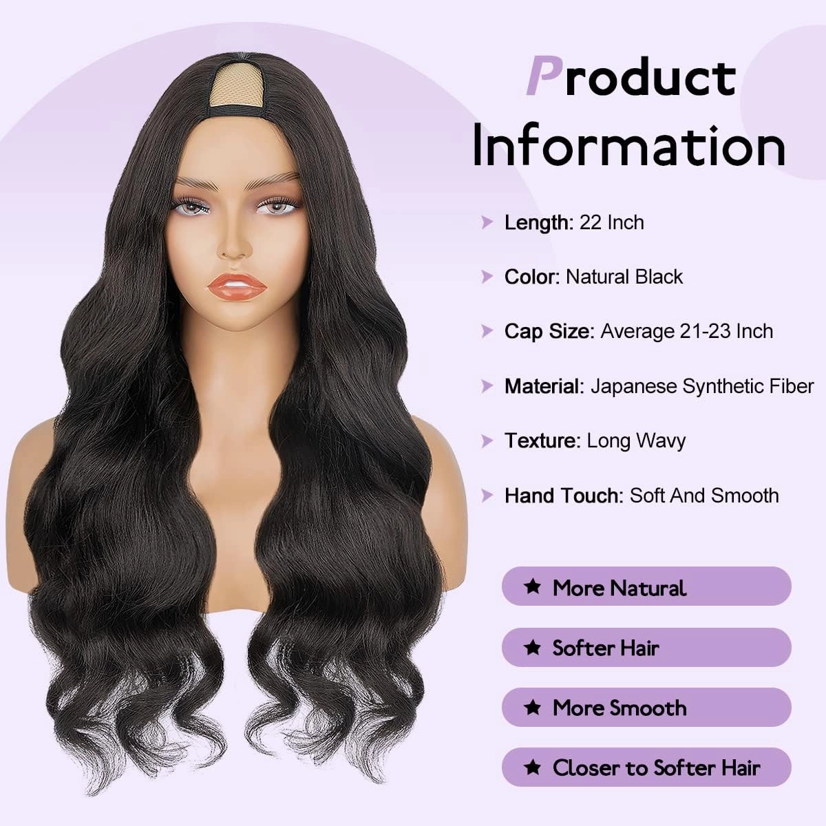 Wavy V Part Wig Wear And Go Glueless U Part Wig Body Wave Natural Black Synthtic Hair Soft As Human Hair Half Wigs For Black Women (Dark Brown, 22 Inch)