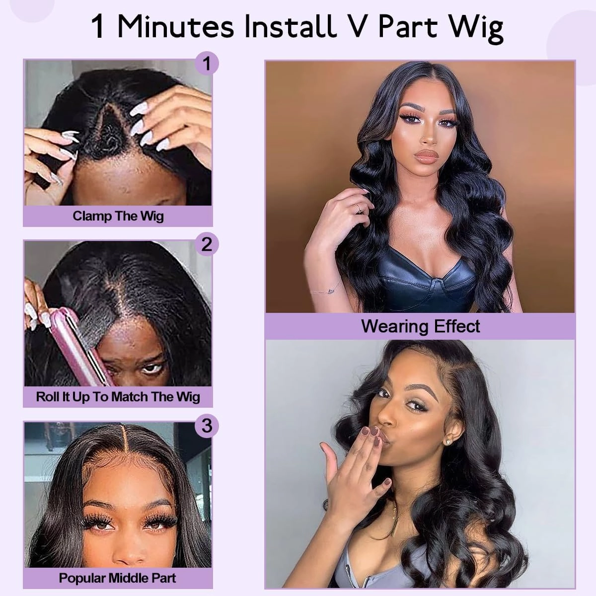 Wavy V Part Wig Wear And Go Glueless U Part Wig Body Wave Natural Black Synthtic Hair Soft As Human Hair Half Wigs For Black Women (Dark Brown, 22 Inch)