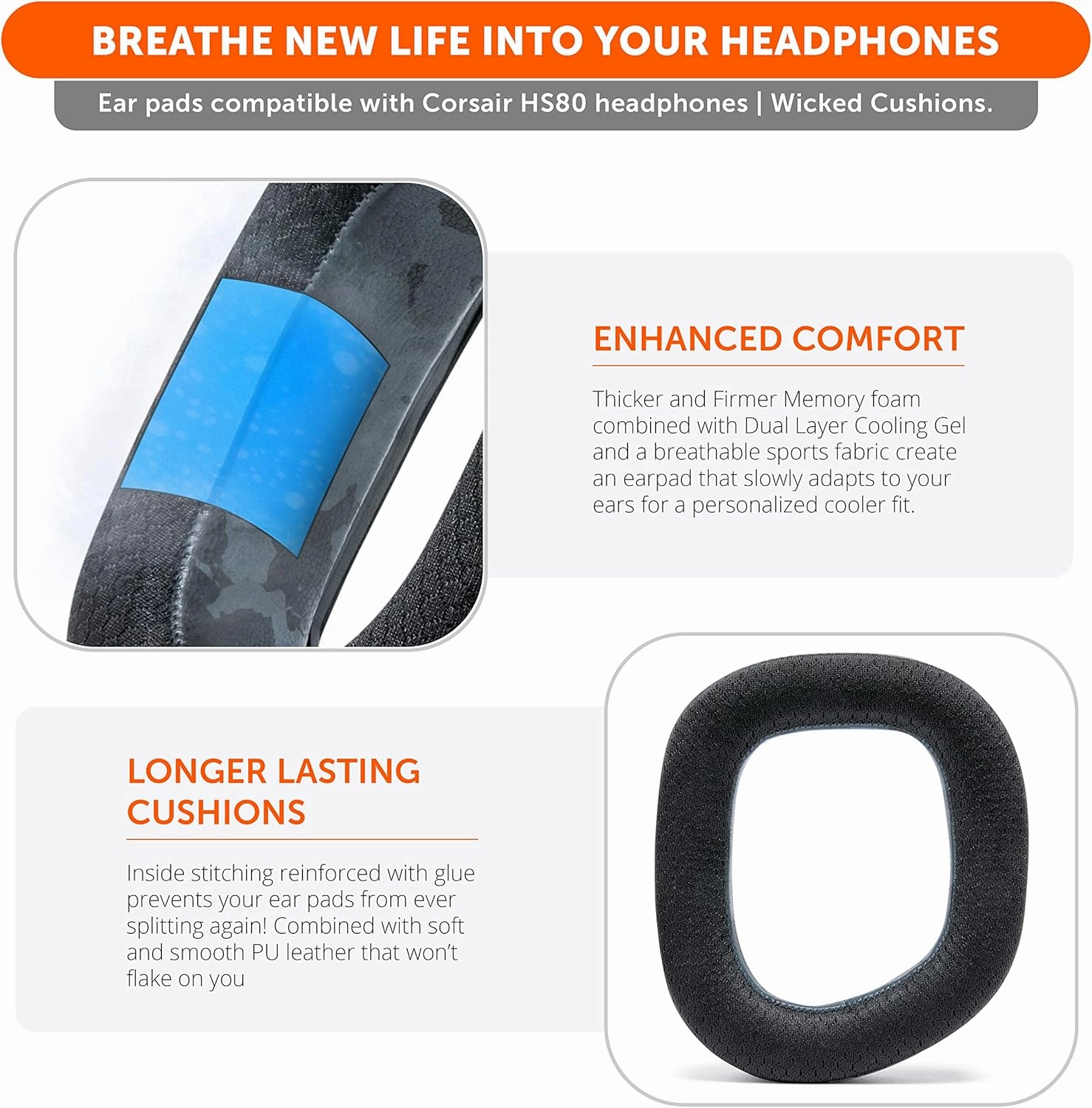 WC Freeze HS80 - Cooling Gel Earpads for Corsair HS80 RGB Wireless, Wired, & HS80 Max by Wicked Cushions - Elevate Comfort, Thickness & Sound Isolation for Epic Gaming Sessions | Black Camo