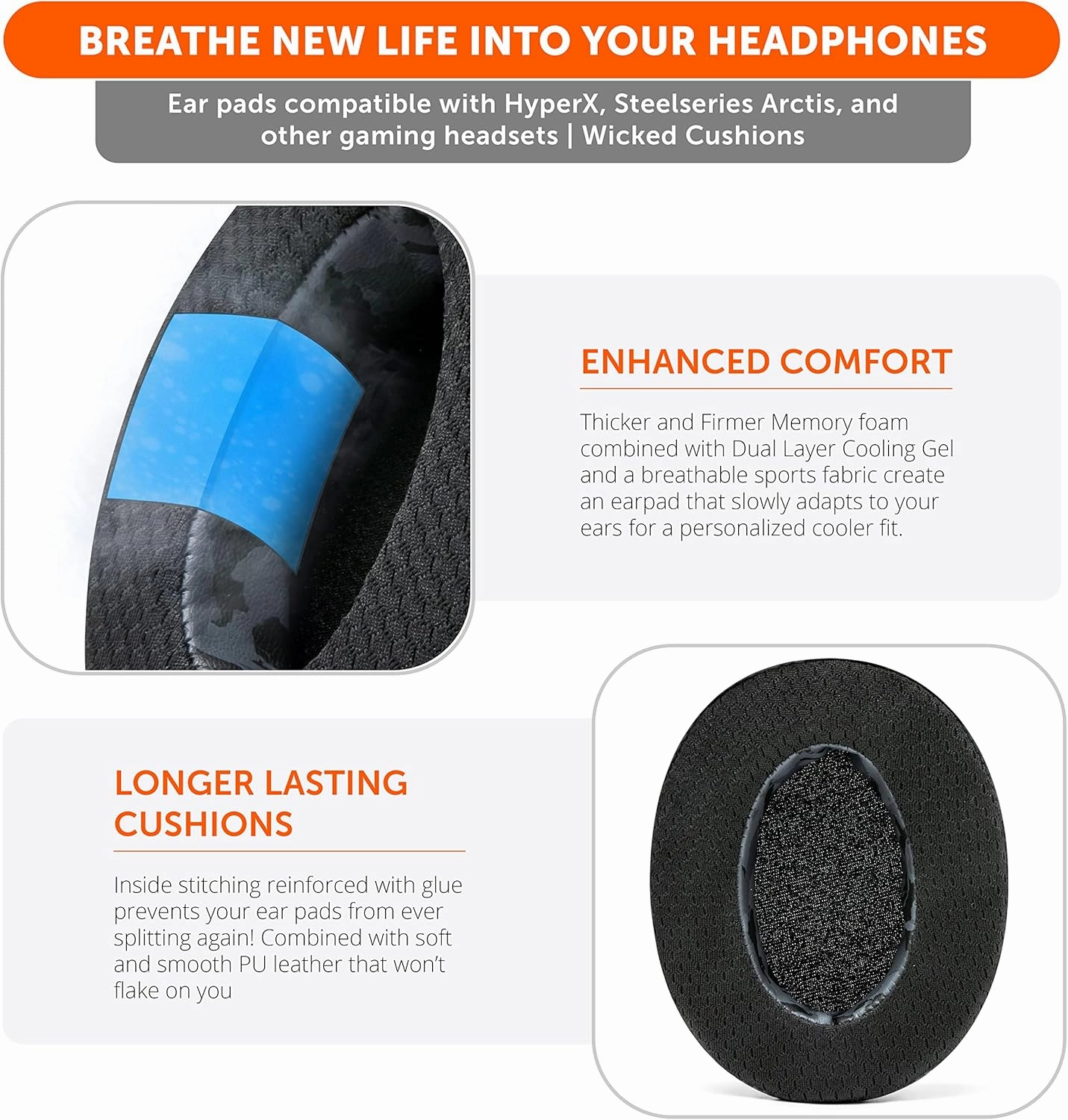 WC Freeze Hybrid Fabric Cooling Gel Replacement Earpads - Compatible with HyperX Cloud, Steelseries Arctis, ATH M50X, Turtle Beach Stealth & More - Comfortable & Cooler for Longer | (Black Camo)