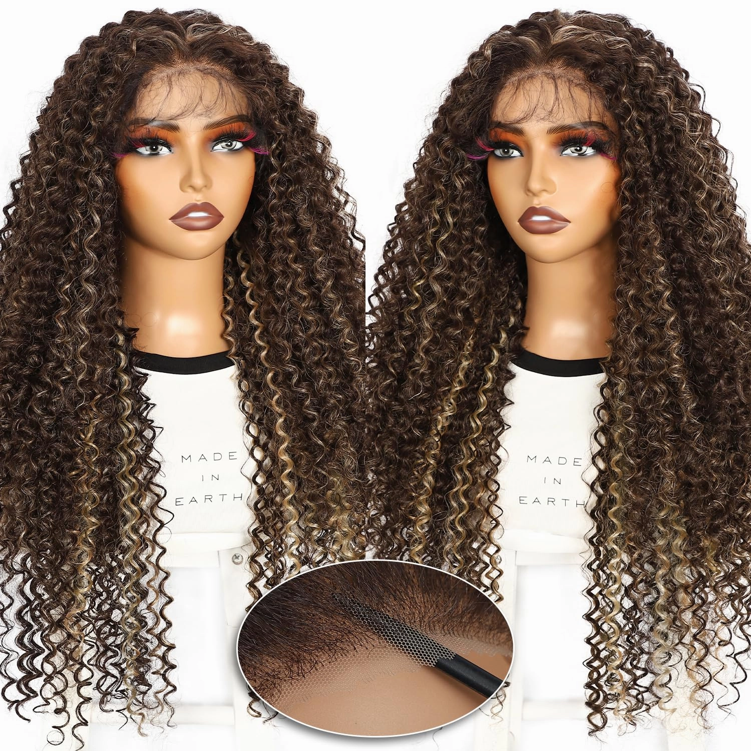 Wear and Go Glueless Pre Cut Lace Front Wig, 13x6 Brown Highlight Blonde Synthetic Lace Front Long Wig for Black Women Long Curly Pre plucked with Single Bleached Knots 26 Inch