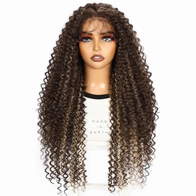 Wear and Go Glueless Pre Cut Lace Front Wig, 13x6 Brown Highlight Blonde Synthetic Lace Front Long Wig for Black Women Long Curly Pre plucked with Single Bleached Knots 26 Inch