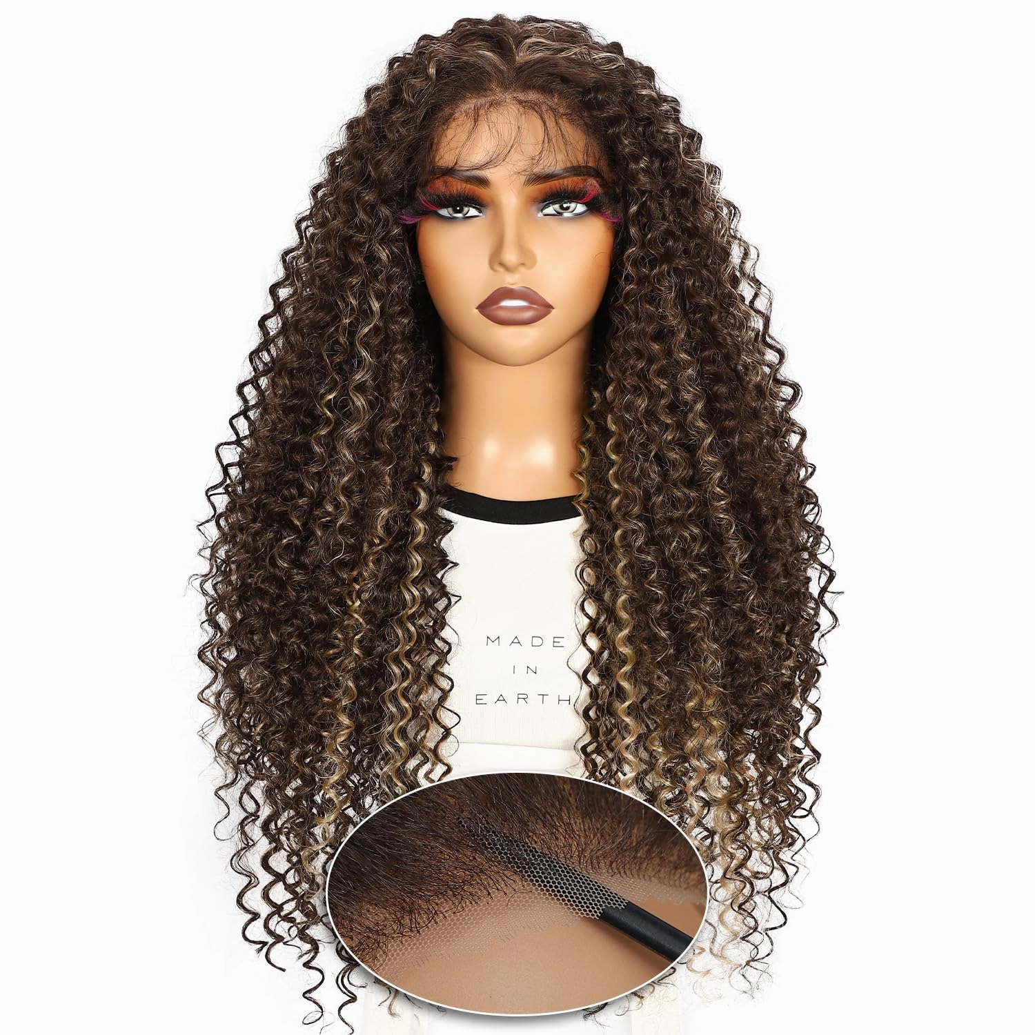 Wear and Go Glueless Pre Cut Lace Front Wig, 13x6 Brown Highlight Blonde Synthetic Lace Front Long Wig for Black Women Long Curly Pre plucked with Single Bleached Knots 26 Inch