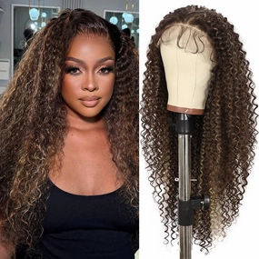 Wear and Go Glueless Synthetic Wig, 13x6 Brown Highlight Blonde Synthetic Lace Front Long Wig for Black Women Long Curly Pre plucked with Single Bleached Knots 26 Inch