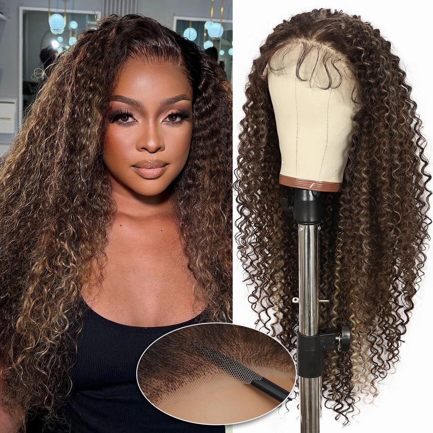 Wear and Go Glueless Synthetic Wig, 13x6 Brown Highlight Blonde Synthetic Lace Front Long Wig for Black Women Long Curly Pre plucked with Single Bleached Knots 26 Inch