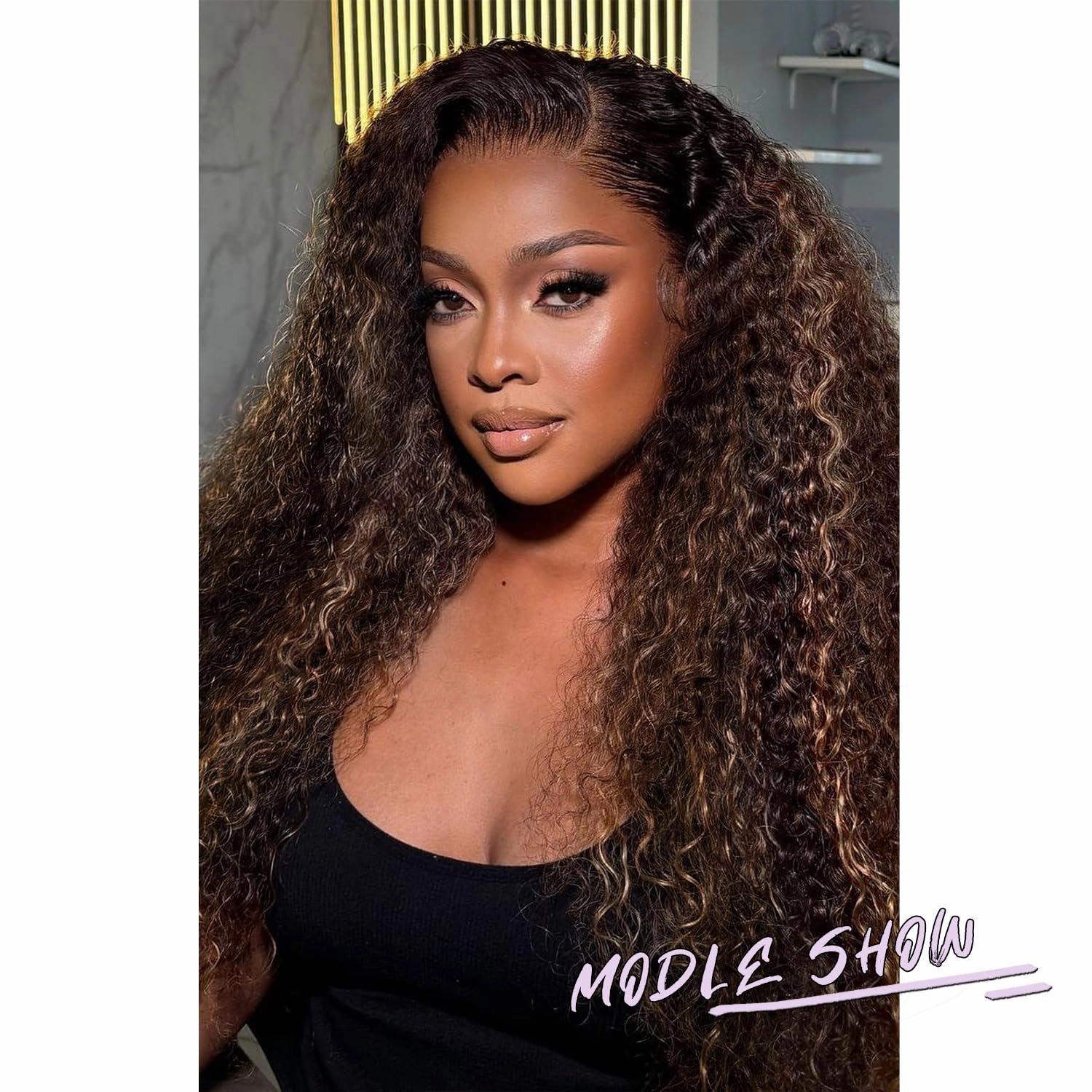 Wear and Go Glueless Synthetic Wig, 13x6 Brown Highlight Blonde Synthetic Lace Front Long Wig for Black Women Long Curly Pre plucked with Single Bleached Knots 26 Inch