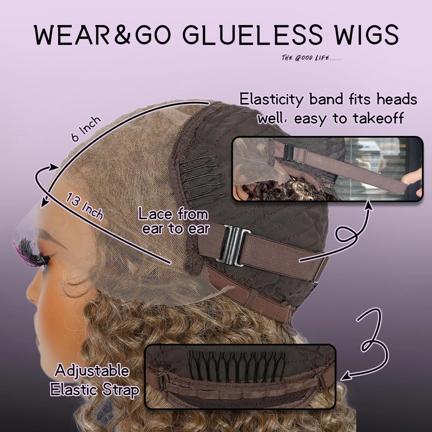 Wear and Go Glueless Synthetic Wig, 13x6 Brown Highlight Blonde Synthetic Lace Front Long Wig for Black Women Long Curly Pre plucked with Single Bleached Knots 26 Inch