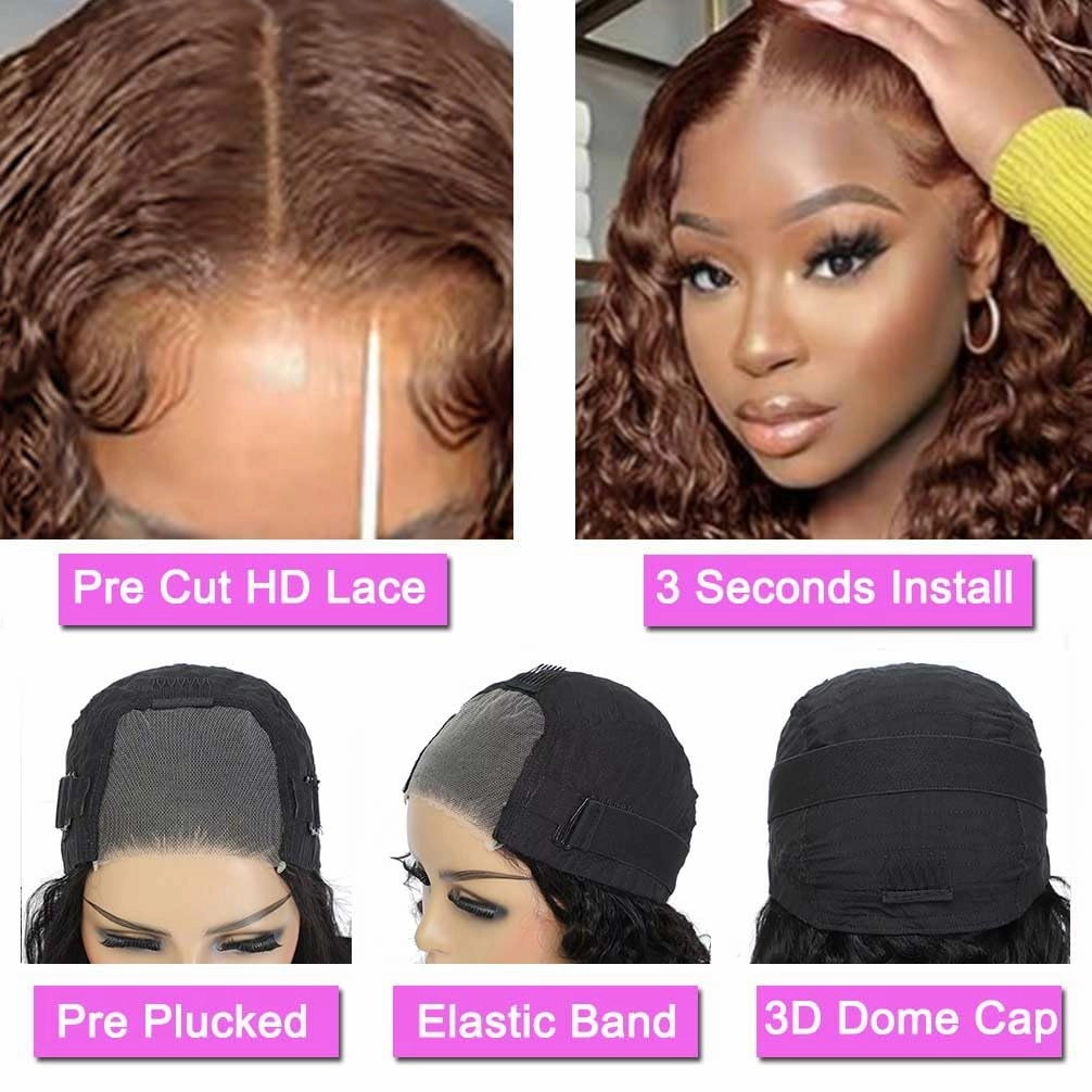Wear and Go Glueless Wigs Human Hair Pre Plucked Pre Cut Chocolate Brown Lace Front Wigs for Black Women 180 Density Water Wave Bob Wig Human Hair Colored Curly Wig (Chocolate Brown Color, 14 Inch)