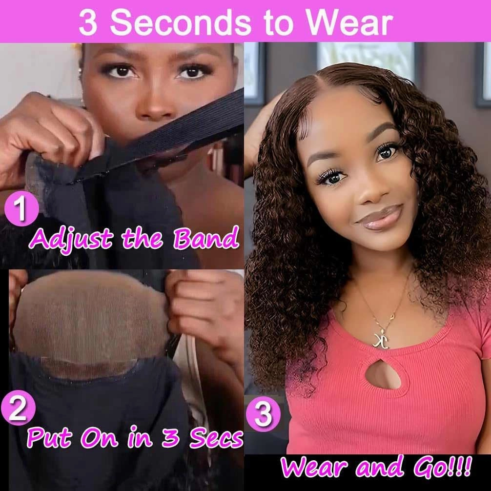 Wear and Go Glueless Wigs Human Hair Pre Plucked Pre Cut Chocolate Brown Lace Front Wigs for Black Women 180 Density Water Wave Bob Wig Human Hair Colored Curly Wig (Chocolate Brown Color, 14 Inch)