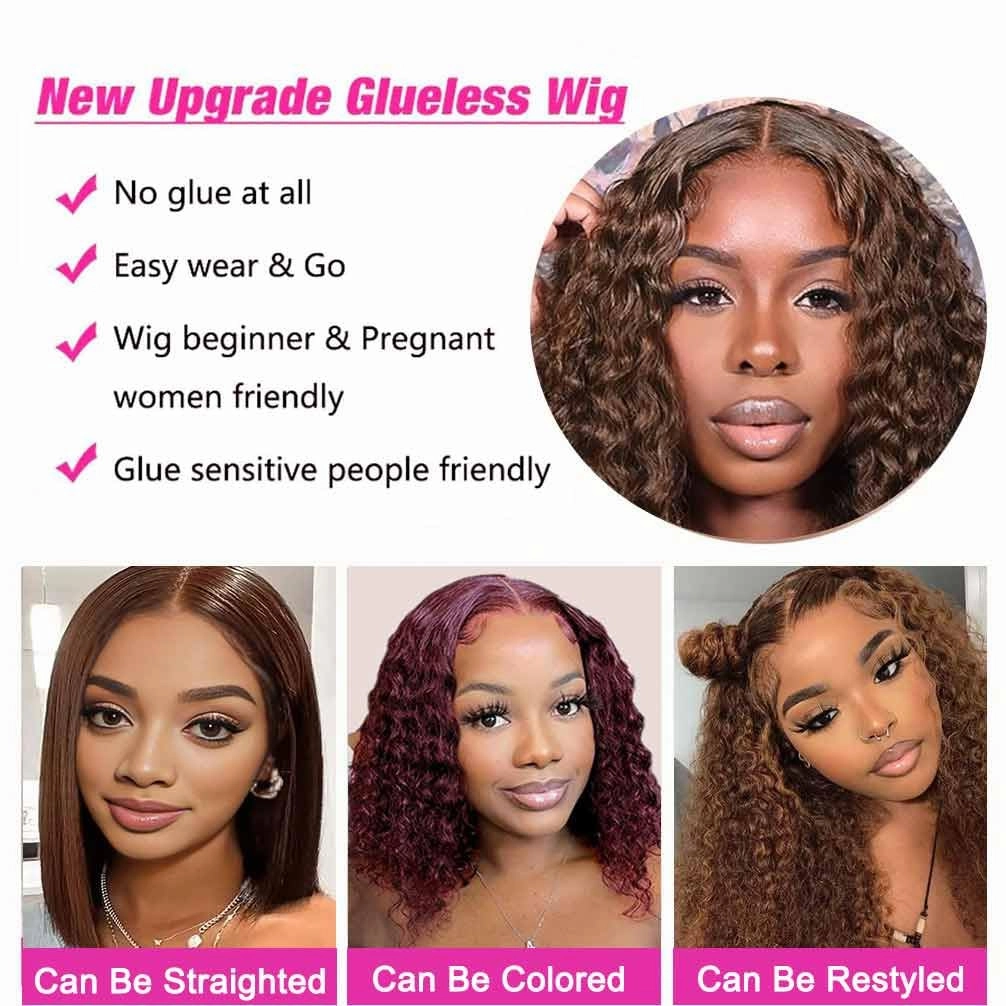 Wear and Go Glueless Wigs Human Hair Pre Plucked Pre Cut Chocolate Brown Lace Front Wigs for Black Women 180 Density Water Wave Bob Wig Human Hair Colored Curly Wig (Chocolate Brown Color, 14 Inch)