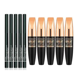 Wehebeauty Great Lash Waterproof mascara, Black Mascara Eyeliner Set, 4D Waterproof Silk Fiber Thick Lengthening Mascara, Thickening Natural No Clumping, NO Smudging, Lasting All Day (5 Set)
