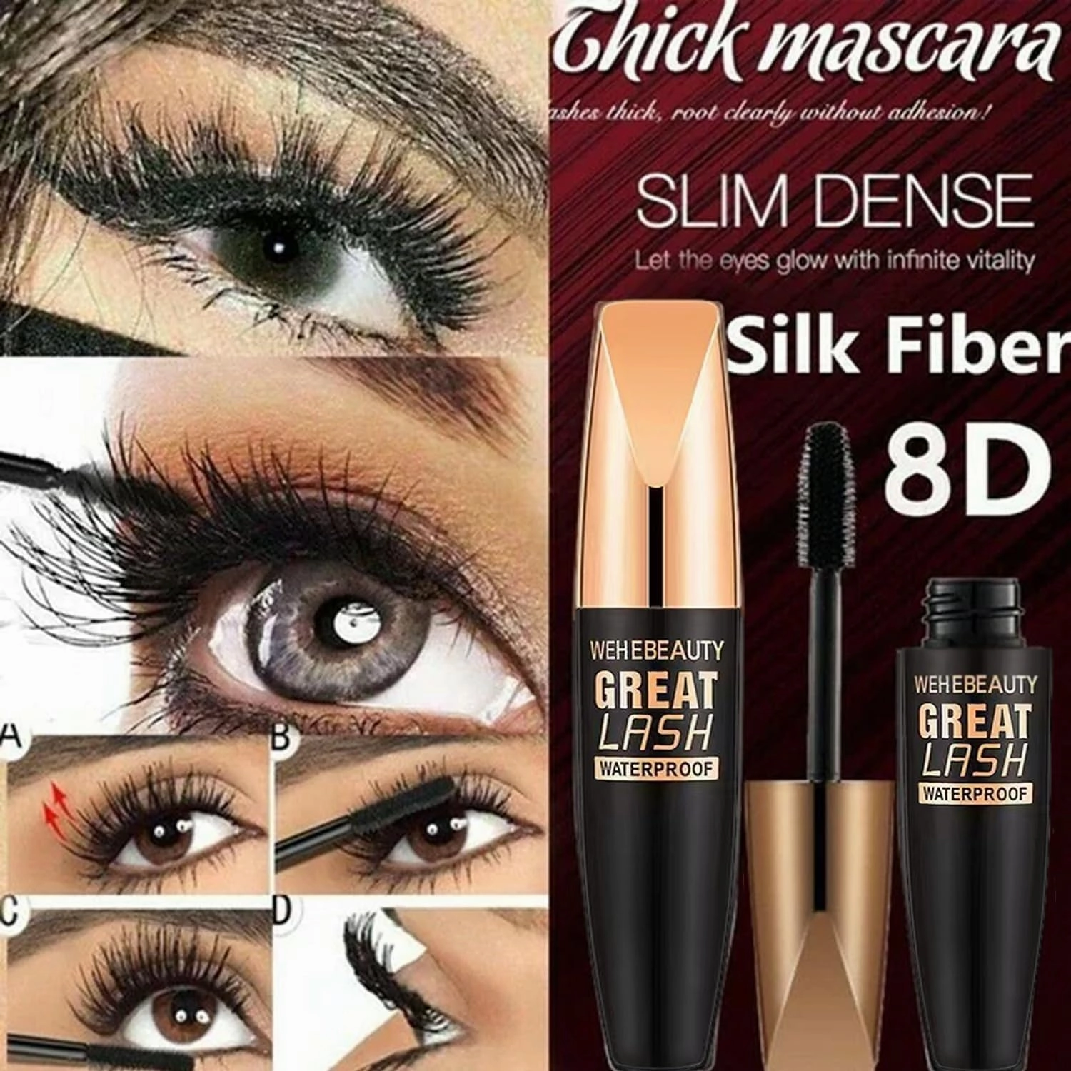 Wehebeauty Great Lash Waterproof | 4D Waterproof Silk Fiber Thick Lengthening Mascara | Natural No Clumping Mascara | Lasting All Day (3PCS)