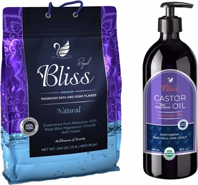 Wellness Duo-Soothing Magnesium Bath Salt & Organic Cold Pressed Hexane Free Castor Oil for Ultimate Skin, Hair, Brows & Lashes I 15lb.   16 fl. oz.