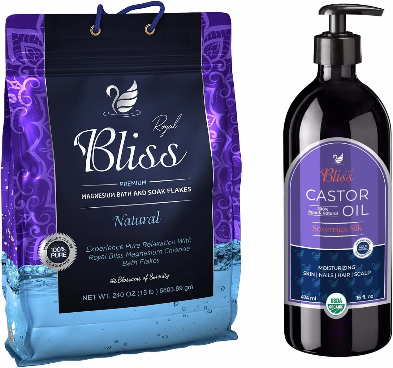Wellness Duo-Soothing Magnesium Bath Salt & Organic Cold Pressed Hexane Free Castor Oil for Ultimate Skin, Hair, Brows & Lashes I 15lb.   16 fl. oz.