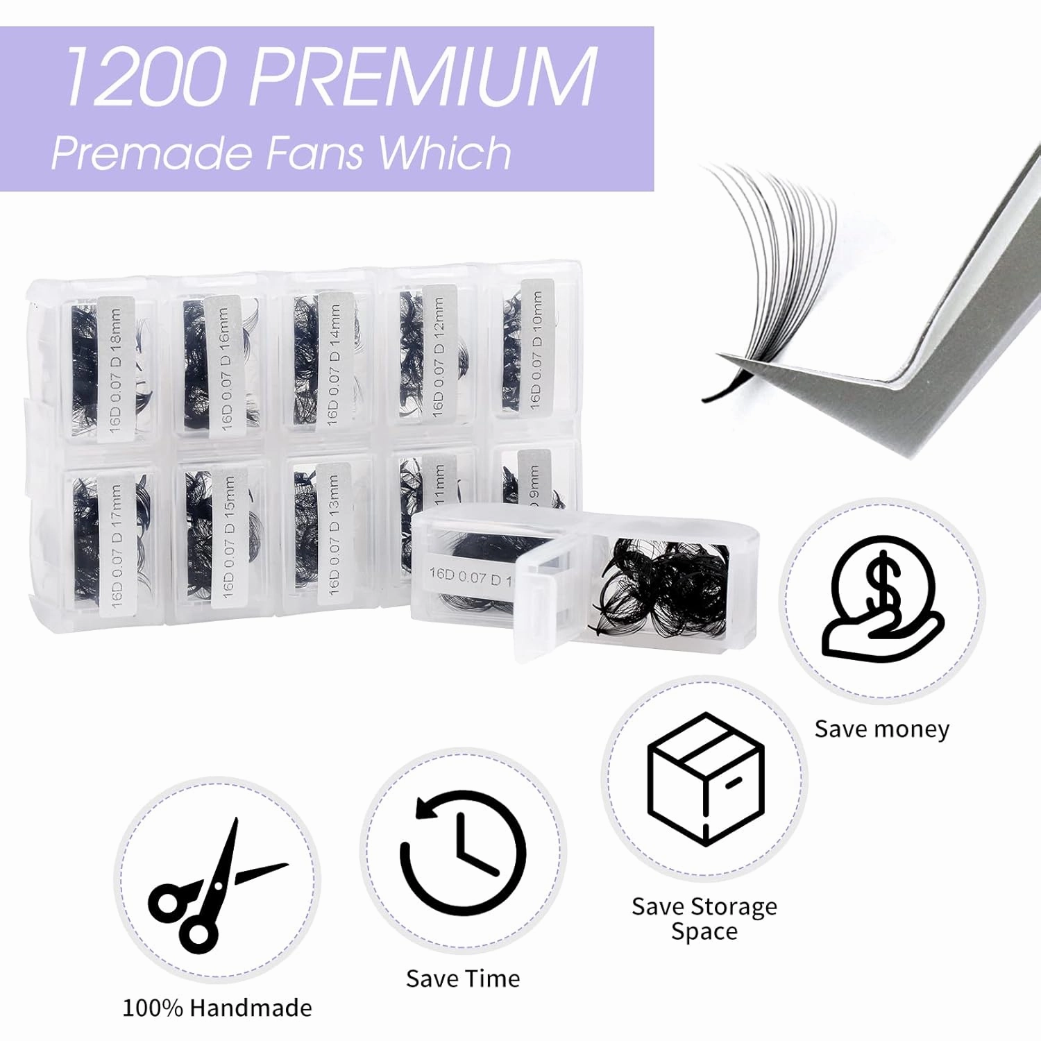 WENDY LASHES Eyelashes 1200PCS False, Premade Fans 16D Volume, Loose Promade D Curl, Mixed 9-20mm, Silk Material, Natural, Individual, 1.0582 Ounce