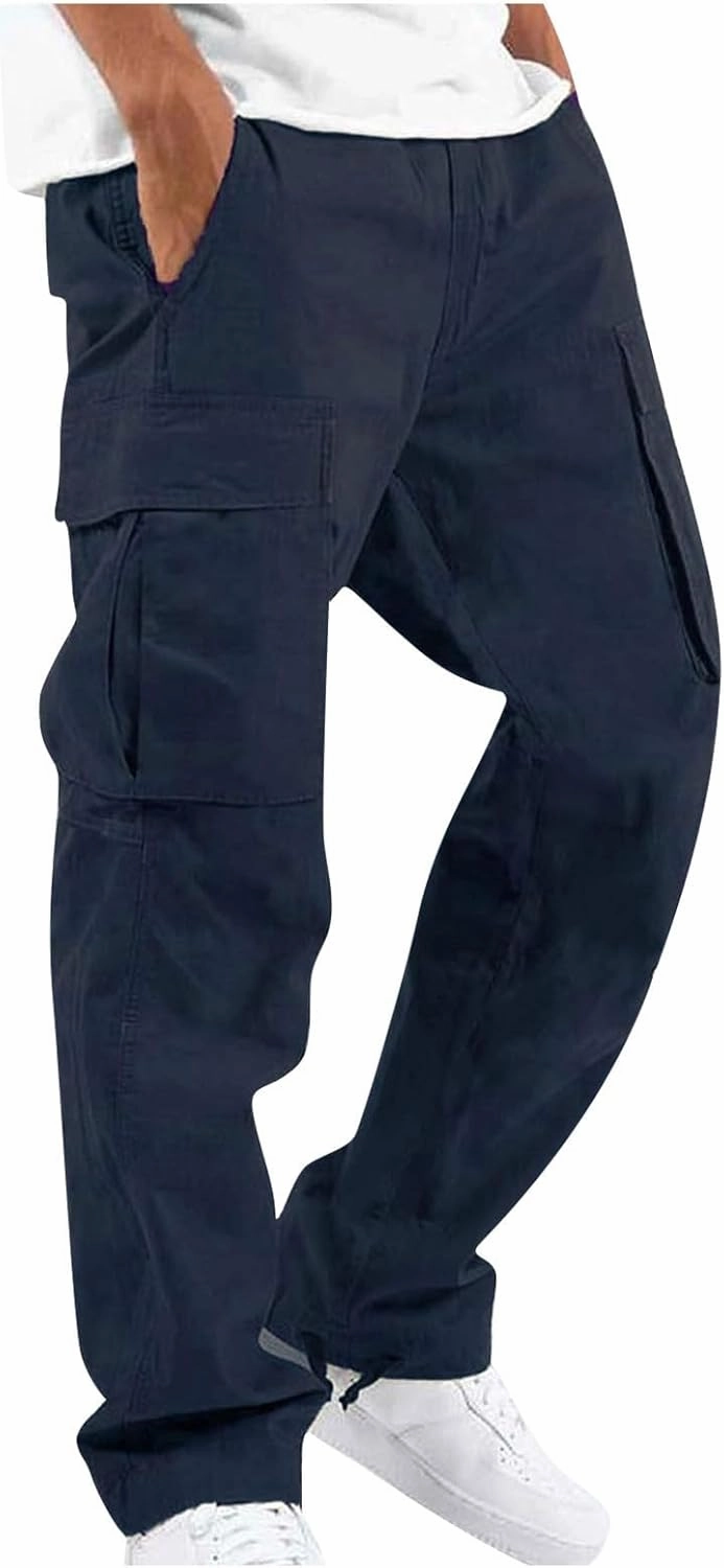 WENKOMG1 Men's Basic Tactical Bottoms Breathable Elastic Waist Trousers Pencil Leg Sports Bottoms