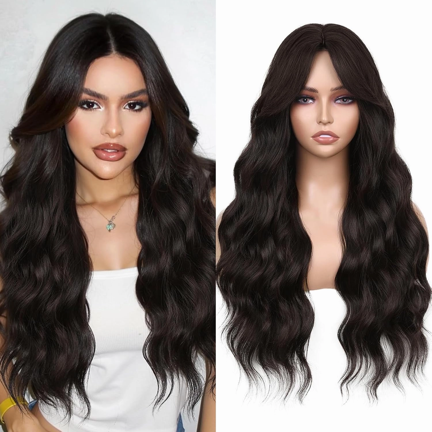WIGNEE Breathable Long Curly Wavy Dark Brown Wig for Women 26 Inch Middle Part Synthetic Hair Wig Glueless with Bangs Natural Hairline Looking Wigs Wear and Go for Daily/Cosplay/Halloween