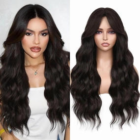 WIGNEE Breathable Long Curly Wavy Dark Brown Wig for Women 26 Inch Middle Part Synthetic Hair Wig Glueless with Bangs Natural Hairline Looking Wigs Wear and Go for Daily/Cosplay/Halloween