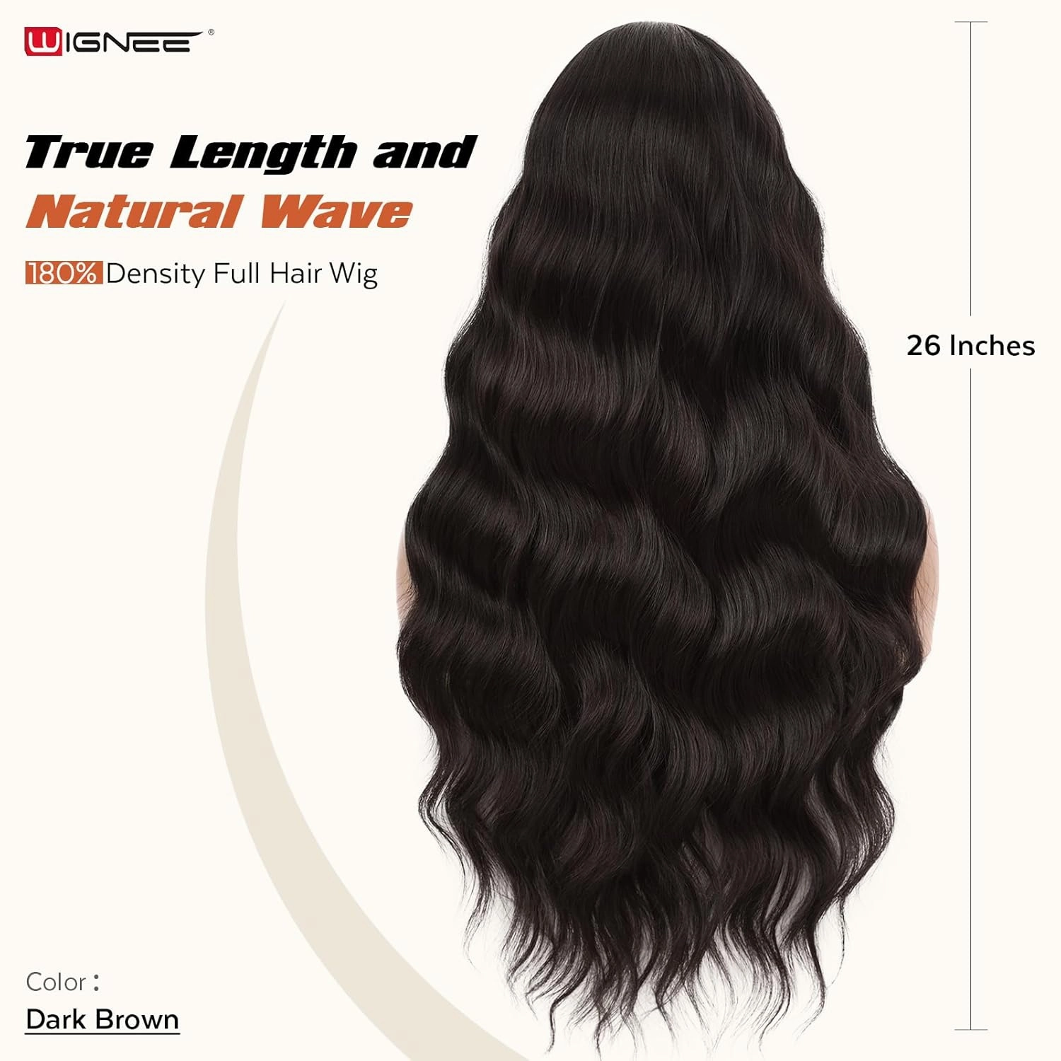 WIGNEE Breathable Long Curly Wavy Dark Brown Wig for Women 26 Inch Middle Part Synthetic Hair Wig Glueless with Bangs Natural Hairline Looking Wigs Wear and Go for Daily/Cosplay/Halloween