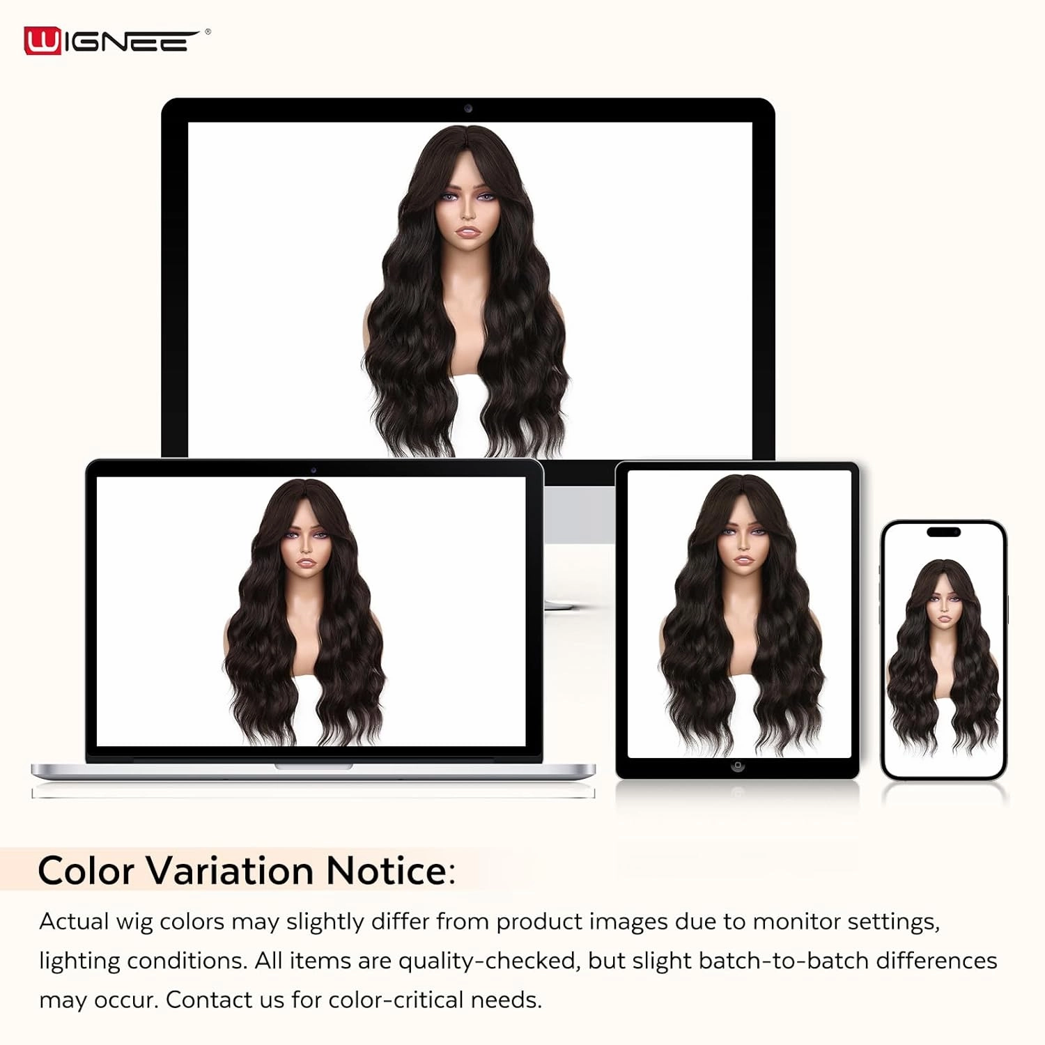 WIGNEE Breathable Long Curly Wavy Dark Brown Wig for Women 26 Inch Middle Part Synthetic Hair Wig Glueless with Bangs Natural Hairline Looking Wigs Wear and Go for Daily/Cosplay/Halloween