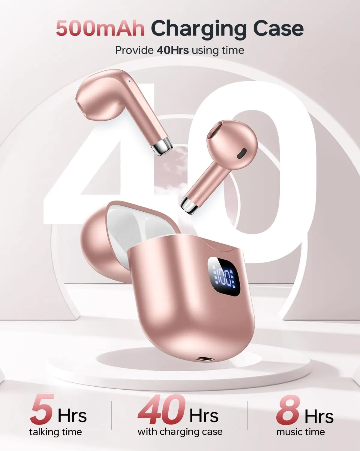 Wireless Earbuds Bluetooth 5.3 Ear Buds, Bluetooth Headphones with LED Display Charging Case, 40Hrs Playtime Stereo Sound, IPX7 Waterproof in-Ear Earphones with Mic for Phone Tablet Sports, Rose