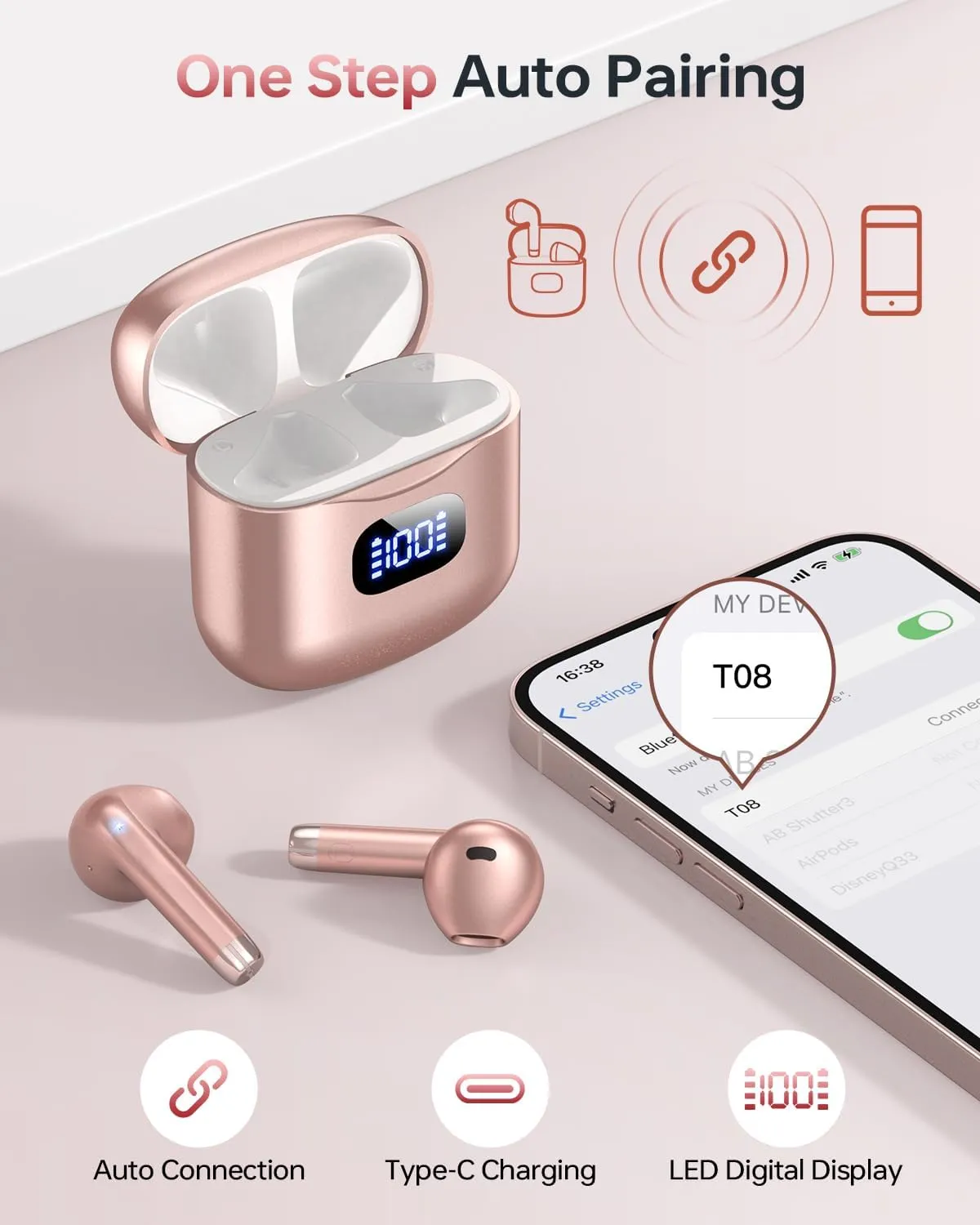 Wireless Earbuds Bluetooth 5.3 Ear Buds, Bluetooth Headphones with LED Display Charging Case, 40Hrs Playtime Stereo Sound, IPX7 Waterproof in-Ear Earphones with Mic for Phone Tablet Sports, Rose