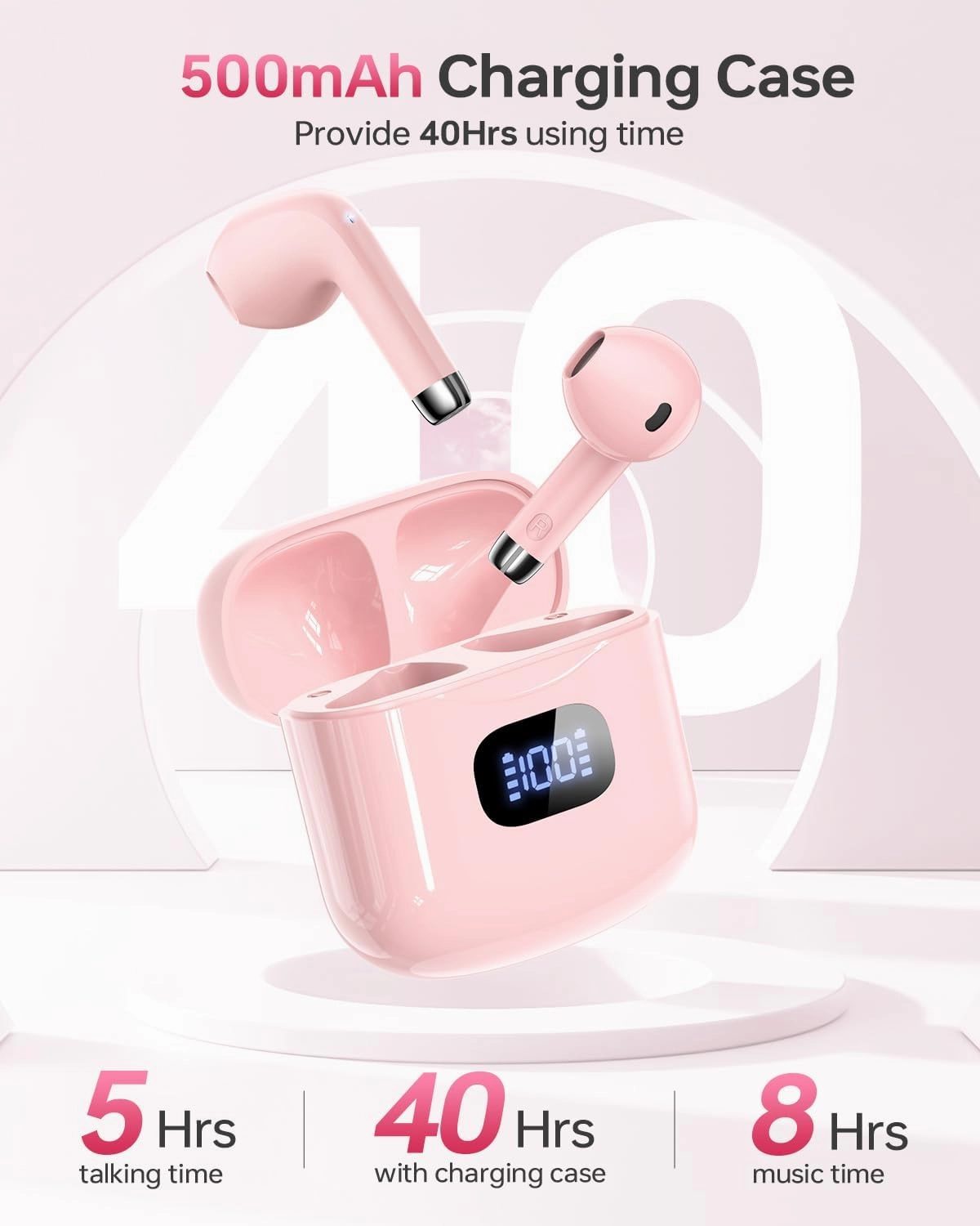 Wireless Earbuds Bluetooth 5.3 Headphones, 40Hrs Playback Stereo Ear Buds with LED Display Charging Case IPX7 Waterproof in-Ear Earphones with Mic for Phone Tablet Laptop Sports, Pink