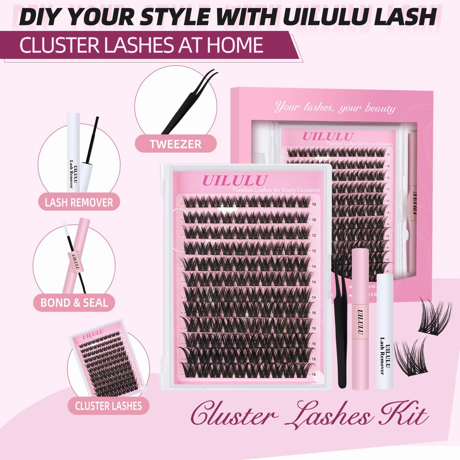 Wispy Lash Clusters Kit 10-18mm Mix D Curl Eye Lashes Wispy Lash Cluster False Eyelash Clusters DIY Lash Extension Kit with Lash Bond & Seal, Lash Glue Remover, Lash Tweezers(U13 Lash Kit)