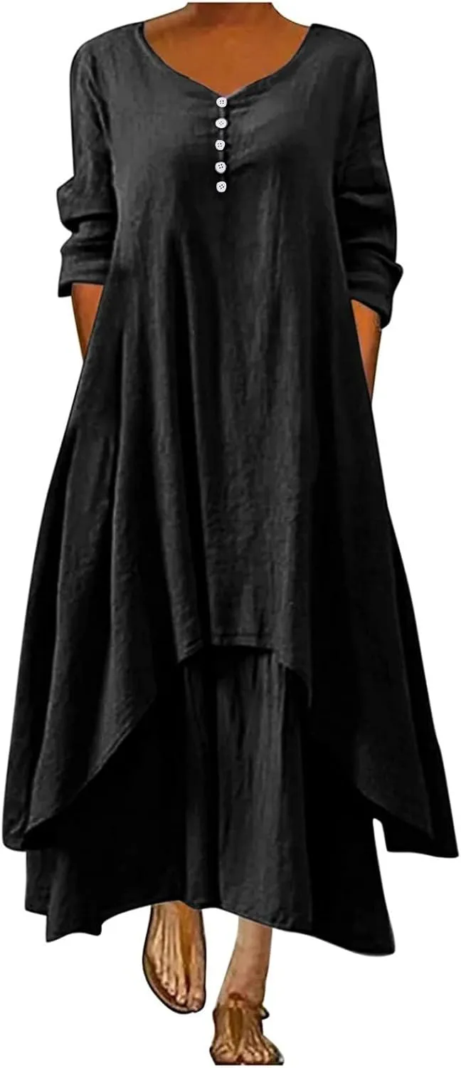 Women Linen Half Sleeve Long Dress Casual A Line Swing Maxi Dress Fashion Vintage Boho Button V Neck Tiered Dress